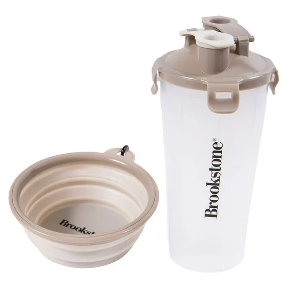 Brookstone Beige & Clear Pet Travel Set, Dual Chamber Bottle & Collapsible Bowl - Picture 2 of 6